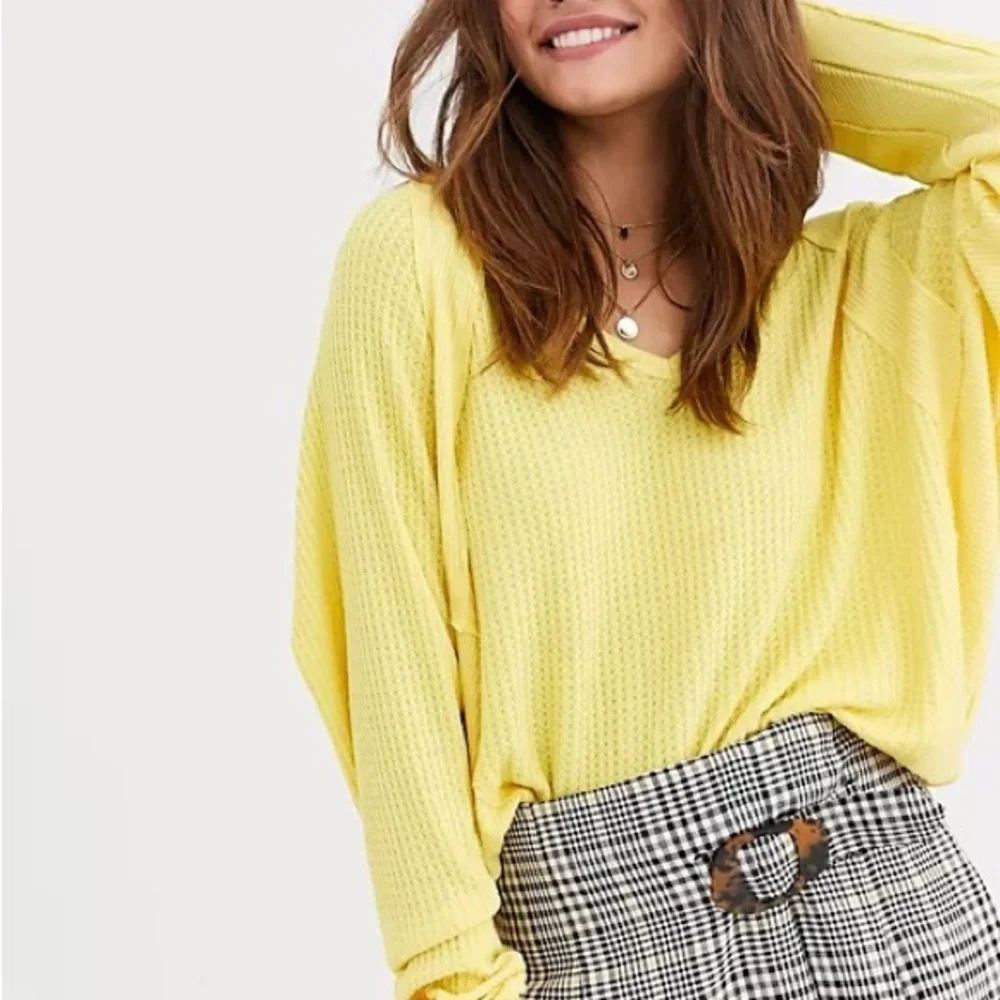 Free People | Santa Clara Thermal Yellow Long Sleeve V Neck Waffle Knit Top